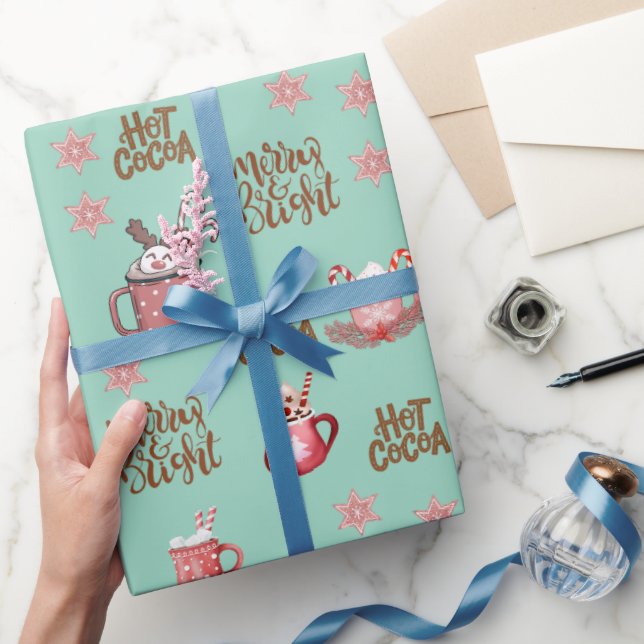 Merry & Bright & hot cocoa mint Christmas holiday Wrapping Paper (Gifting)
