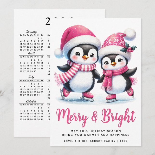 Merry Bright Ice Skating Penguins Pink Christmas Holiday Card (Front/Back)