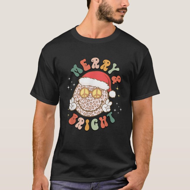 Merry Bright Leopard Pattern Smile Face Santa Hat  T-Shirt (Front)