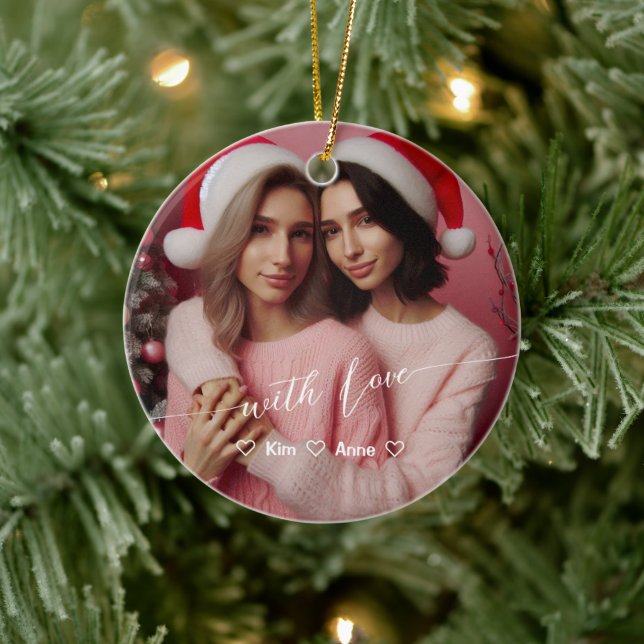 Merry & Bright Lesbian Retro Pink | Custom Photo  Ceramic Ornament (Tree)
