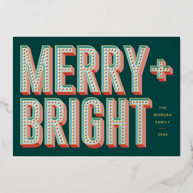 Merry + Bright Marquee Foil Holiday Card - Green (Front)