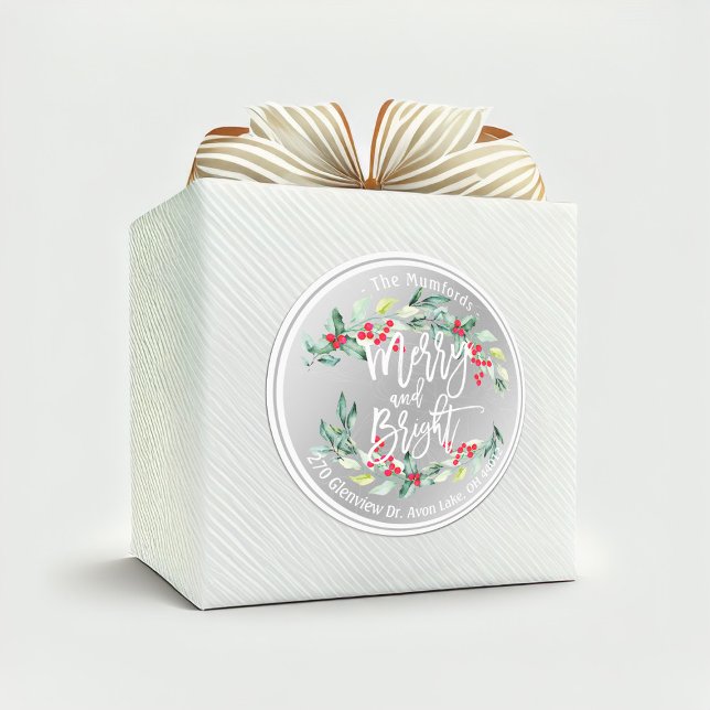 Merry Bright Merry Christmas Holly Floral Address Classic Round Sticker (Creator Uploaded)