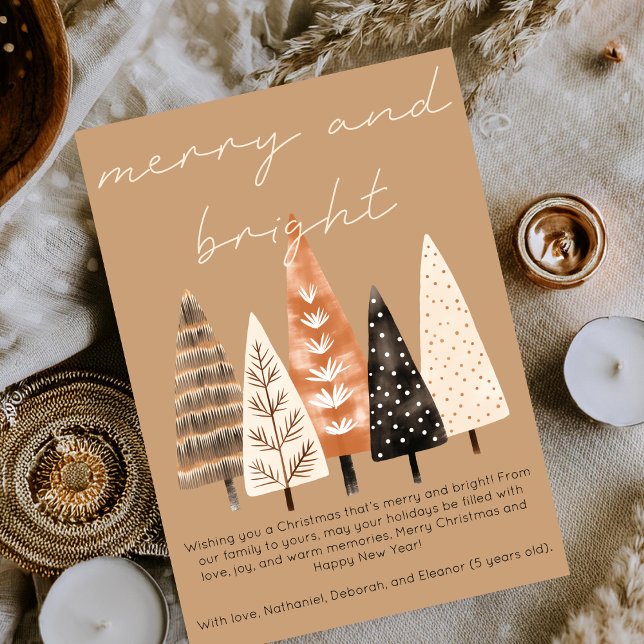 Merry & Bright Minimalist Boho Tan Christmas Cute Holiday Card (Creator Uploaded)