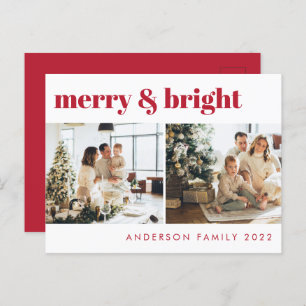 Merry & Bright Minimalist Christmas Greeting   Red Postcard