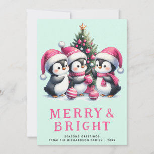 Merry & Bright Mint and Pink Christmas Penguin Holiday Card