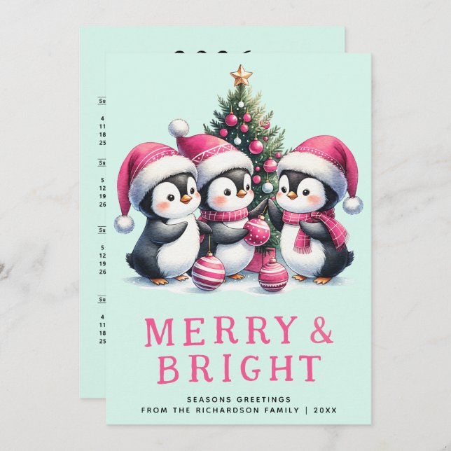 Merry & Bright Mint and Pink Christmas Penguin Holiday Card (Front/Back)