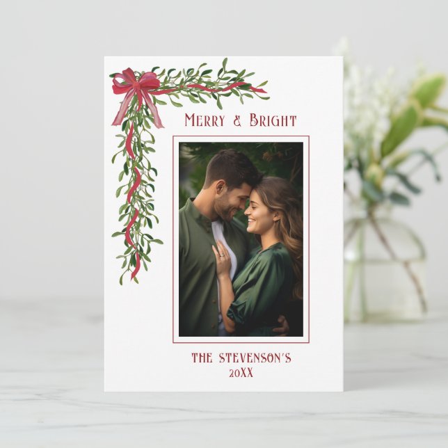 Merry & Bright Mistletoe Red Photo Christmas Holiday Card (Standing Front)