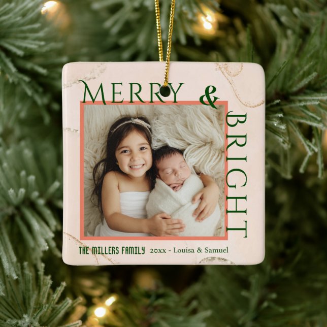 Merry & Bright modern bold 1 photo Christmas Ceramic Ornament (Tree)