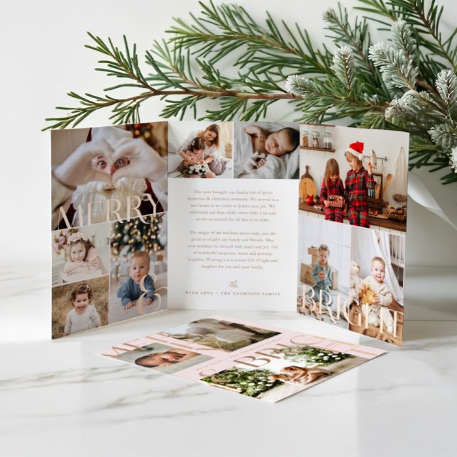 Merry & Bright Modern Bold Family Photo Collage Tri-Fold Holiday Card (Merry & Bright Modern Bold Family Photo Collage Tri-Fold Pink Holiday Card)