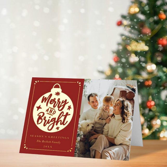 Merry & Bright Modern Christmas Bauble Photo Real Foil Holiday Card (Creator Uploaded)