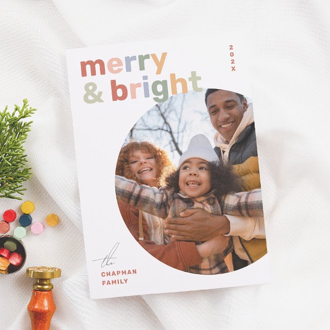 Merry & Bright Modern Colourful Christmas Photo Holiday Card (Creator Uploaded)