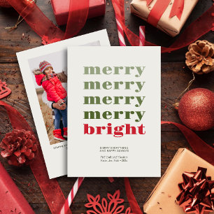 Merry & Bright Modern Minimal Red Christmas Photo Holiday Card