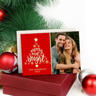 Merry Bright Modern Photo Red Real Gold Foil Holiday Card