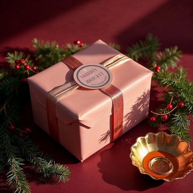 Merry & Bright Modern Pink & Green Retro Wavy Classic Round Sticker (Merry & Bright Modern Pink & Green Retro Wavy Classic Round Sticker)