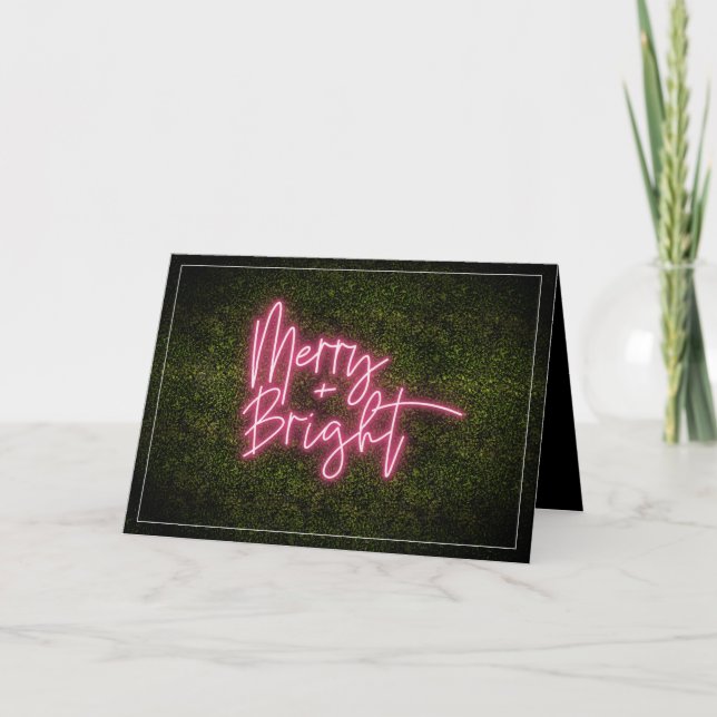 Merry + Bright Neon Sign Boxwood Christmas Card (Front)