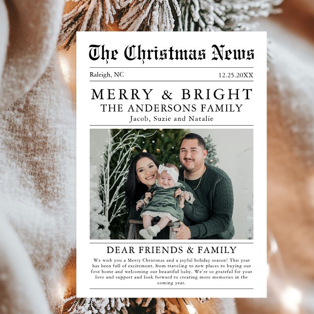 Merry & Bright Newspaper Family Photo Holiday Card (Creator Uploaded)