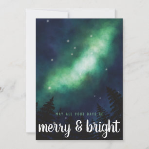 "Merry & Bright" Northern Lights Script   Green Holiday Card