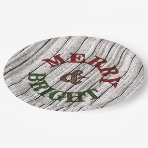 Merry & Bright On Weathered Wooden Planks Pattern Paper Plate