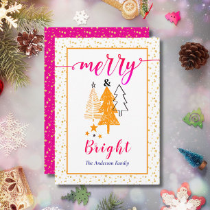 Merry & Bright Orange Cerise Pink Christmas Holiday Card