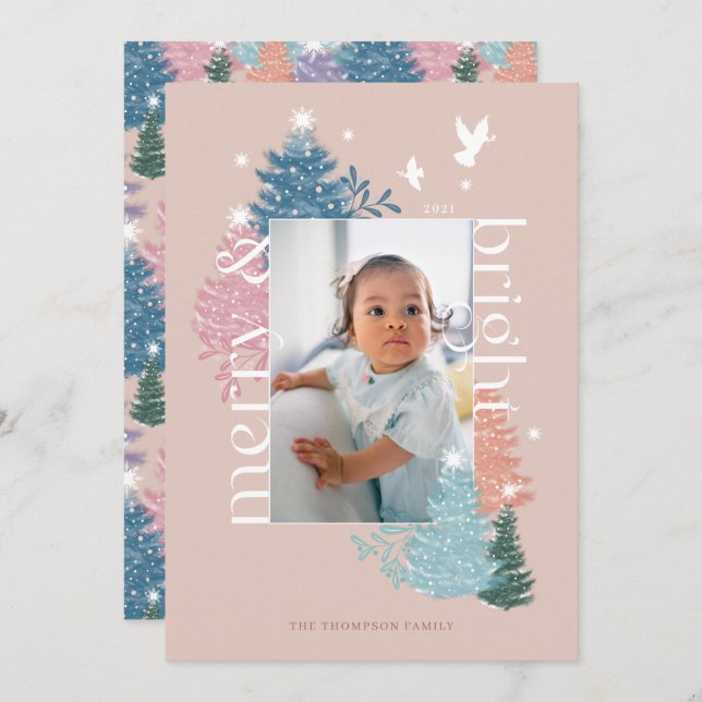 Merry & Bright Pastel Christmas Tree Forest Photo Holiday Card (Front/Back)