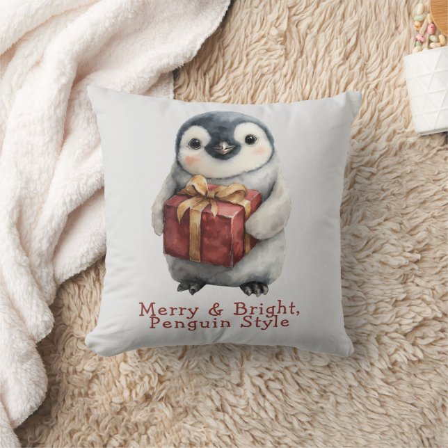 Merry & Bright Penguin Christmas Cushion (Blanket)