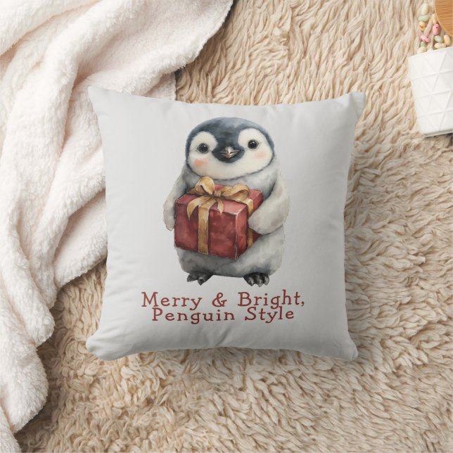 Merry & Bright Penguin Christmas Cushion (Blanket)