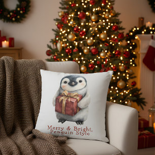 Merry & Bright Penguin Christmas Cushion