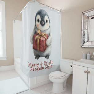 Merry & Bright Penguin Christmas Shower Curtain