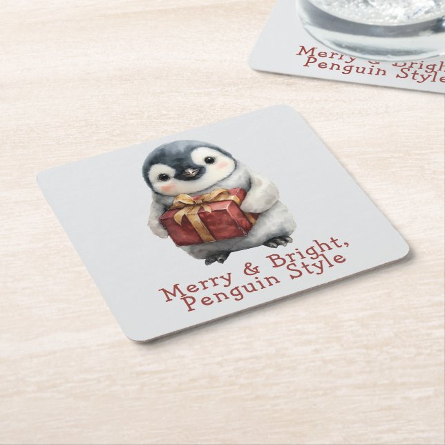Merry & Bright Penguin Christmas Square Paper Coaster (Angled)