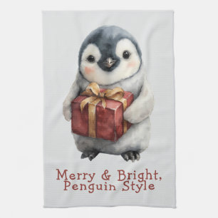 Merry & Bright Penguin Christmas Tea Towel