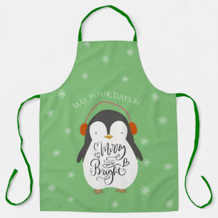Merry Bright Penguin Whimsical Christmas Apron
