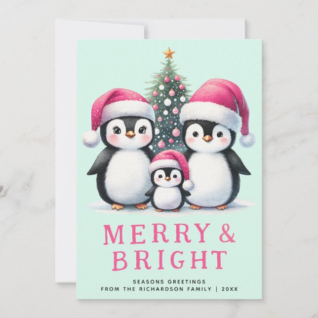Merry & Bright Penguins Family Pink Mint Christmas Holiday Card (Front)