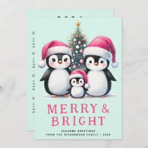 Merry & Bright Penguins Family Pink Mint Christmas Holiday Card