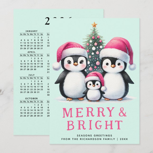 Merry & Bright Penguins Family Pink Mint Christmas Holiday Card (Front/Back)