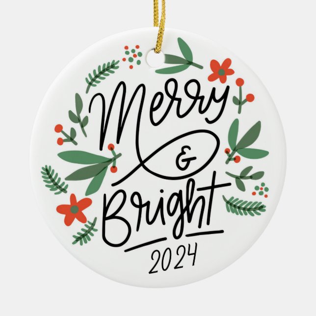Merry & Bright Personalised Christmas Ceramic Ornament (Front)