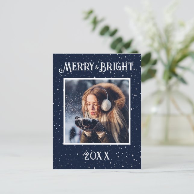Merry & Bright Photo Blue Starlights Holiday Postcard (Standing Front)