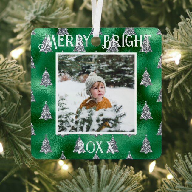 Merry & Bright Photo Personalised Metallic Glitter Metal Tree Decoration (Insitu)