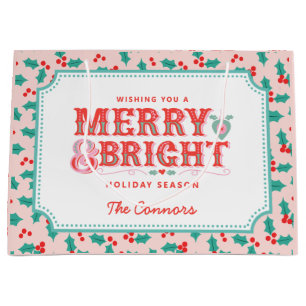 Merry & Bright Pink and Red Holly Personalised Large Gift Bag