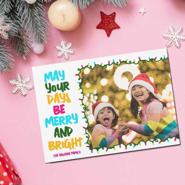 Merry Bright Pink Blue Christmas Lights Photo Holiday Card (Creator Uploaded)