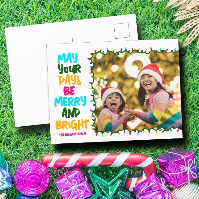 Merry Bright Pink Blue Christmas Lights Photo Holiday Postcard (Creator Uploaded)