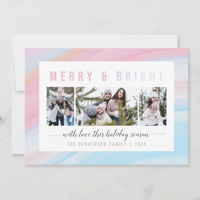 Merry & Bright Pink & Blue Pastel Christmas Photo Holiday Card (Front)