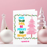 Merry Bright Pink Christmas Tree Cute Custom Holiday Card<br><div class="desc">Cute and cheerful holiday cards featuring a colourful strand of Christmas lights wrapped around your vibrant script. May Your Days Be Merry and Bright written in bold letters from light blue to your family name in hot pink. A rainbow of colours on cute card for the holidays with a pretty...</div>