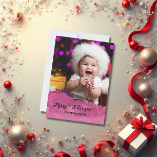Merry & Bright Pink Glitter Christmas Photo  Holiday Card