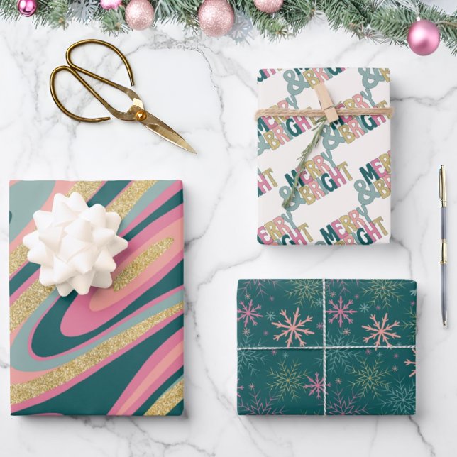 Merry Bright pink green gold snowflake retro swirl Wrapping Paper Sheet (Creator Uploaded)