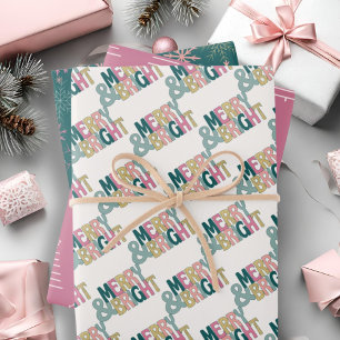 Merry & Bright pink green gold snowflakes & trees Wrapping Paper Sheet