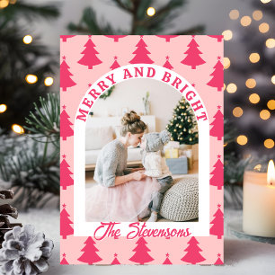 Merry & Bright Pink Retro Arch Photo Christmas Holiday Card
