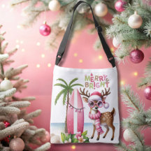 Merry & Bright Pink Tropical Reindeer Tote Bag