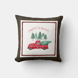 Merry Bright Plaid Gnome Farmhouse Red Truck Wood Cushion