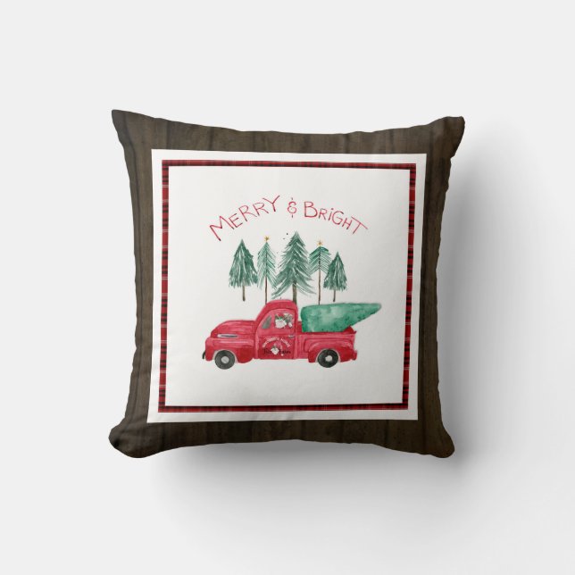 Merry Bright Plaid Gnome Farmhouse Red Truck Wood Cushion (Front)