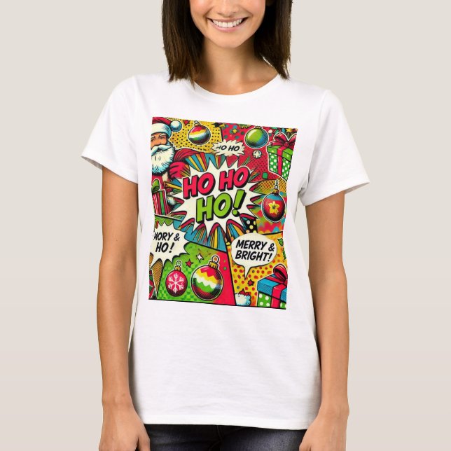 Merry & Bright Pop Art – Bold Christmas T-Shirt (Front)